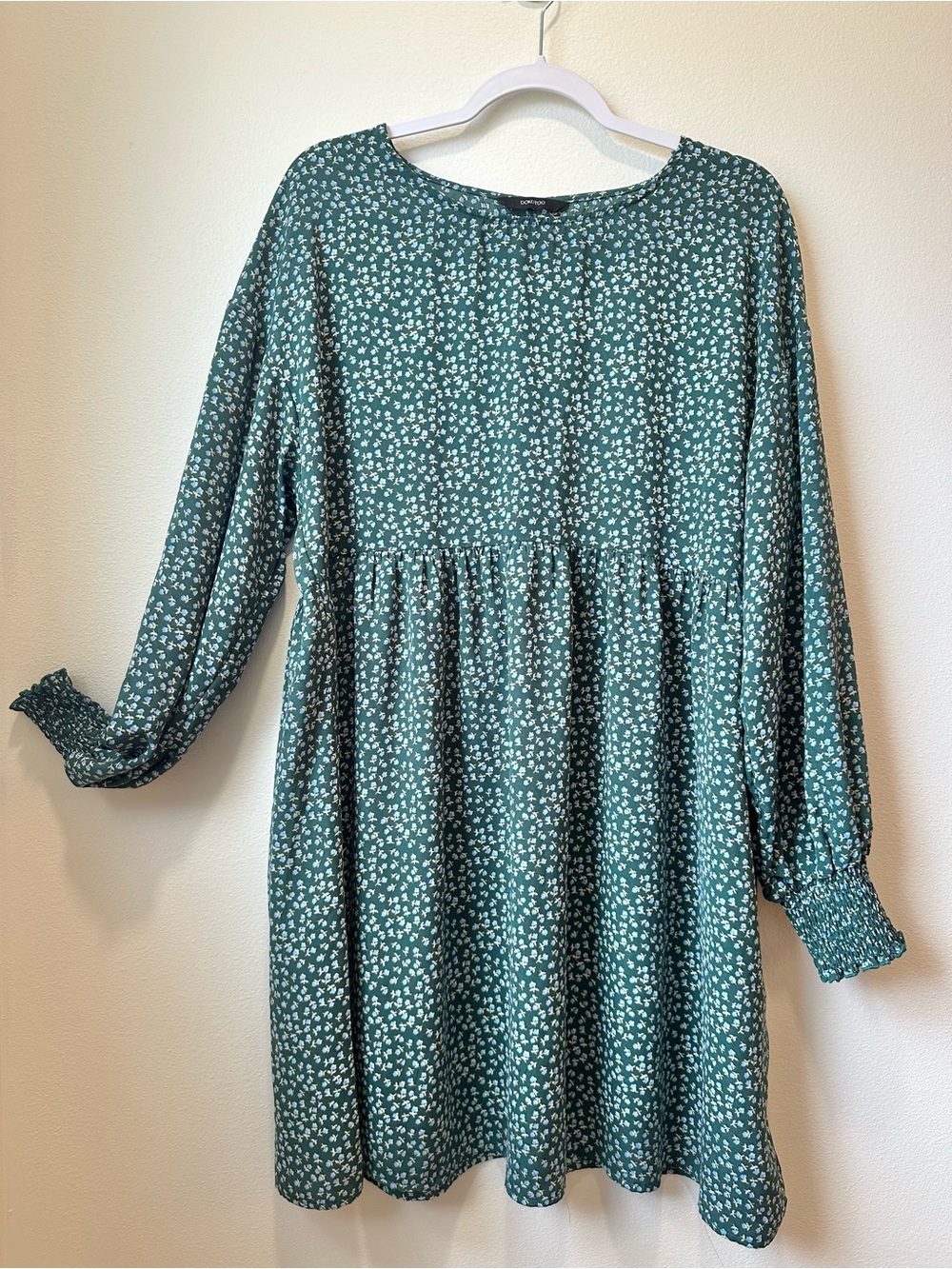 Womens Green Floral Long-Sleeve Babydoll Smock Dress
